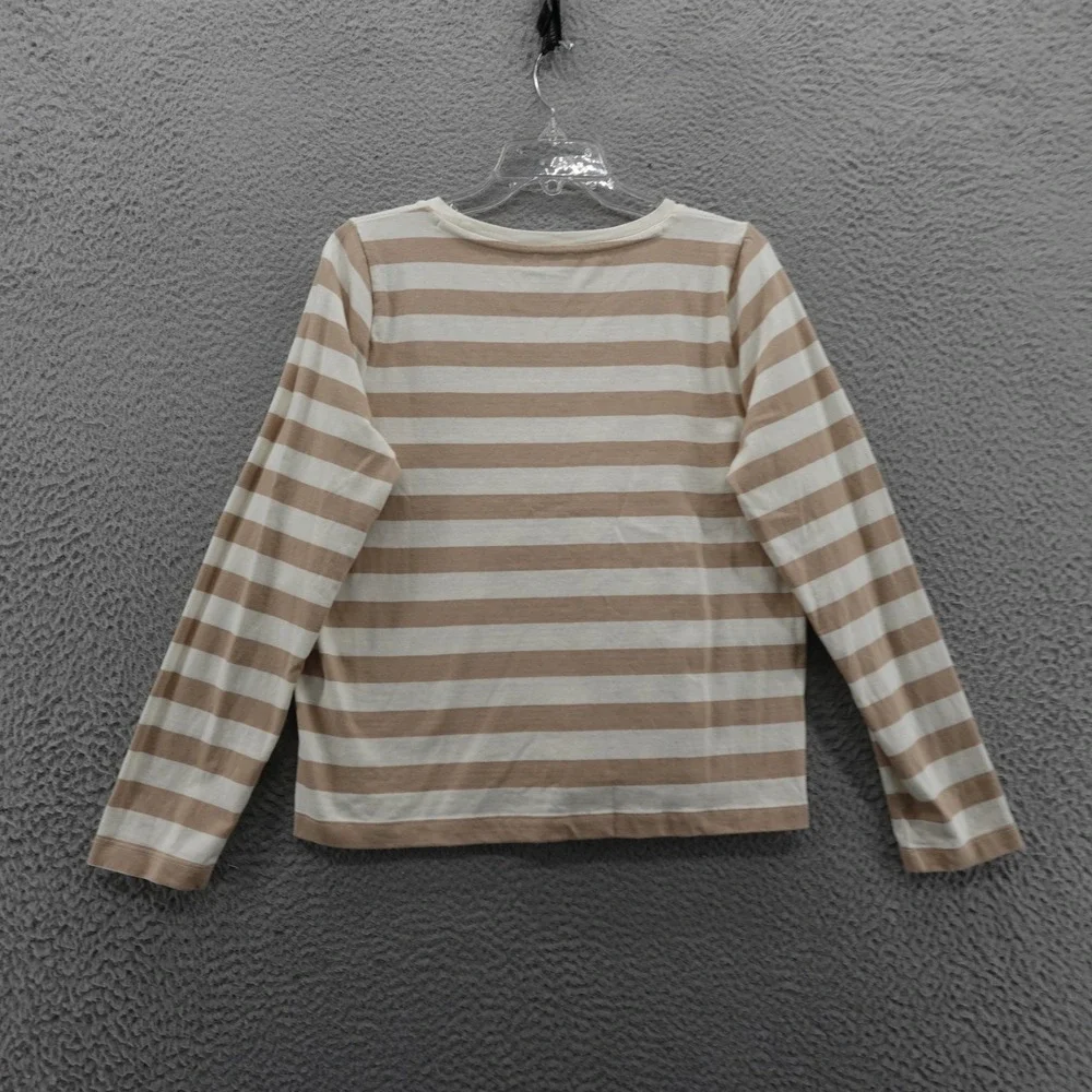 J Crew Button Side Stripe Top Medium Tan White Cotton Long Sleeve‎ Womens Tee